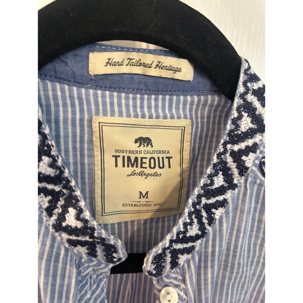 Timeout Tunic Top Blue White Striped Embroidered Shoulder Long Sleeve Blouse - Picture 4 of 7
